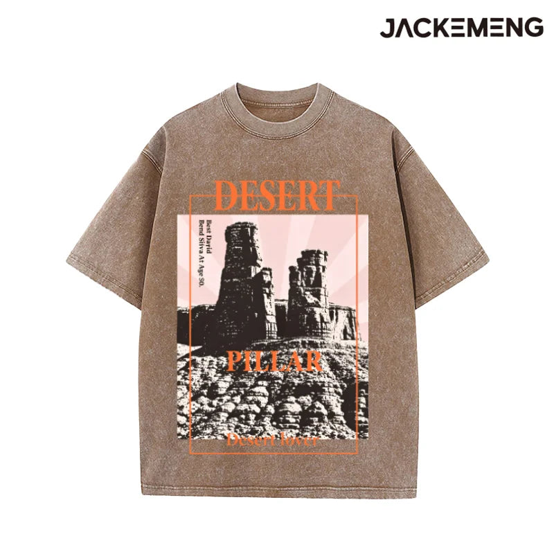 Washed Oversized Cotton Tee Vintage "Desert Pillar" Quote Print Retro Streetwear Casual Tshirt USA Warehouse Wholesale