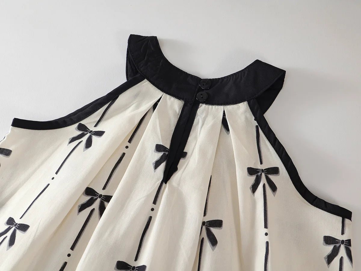 2026 LY New Girls' Stylish Cotton Bow Print Summer New Halter Neck Top and Wide-Leg Pants Two-Piece Set