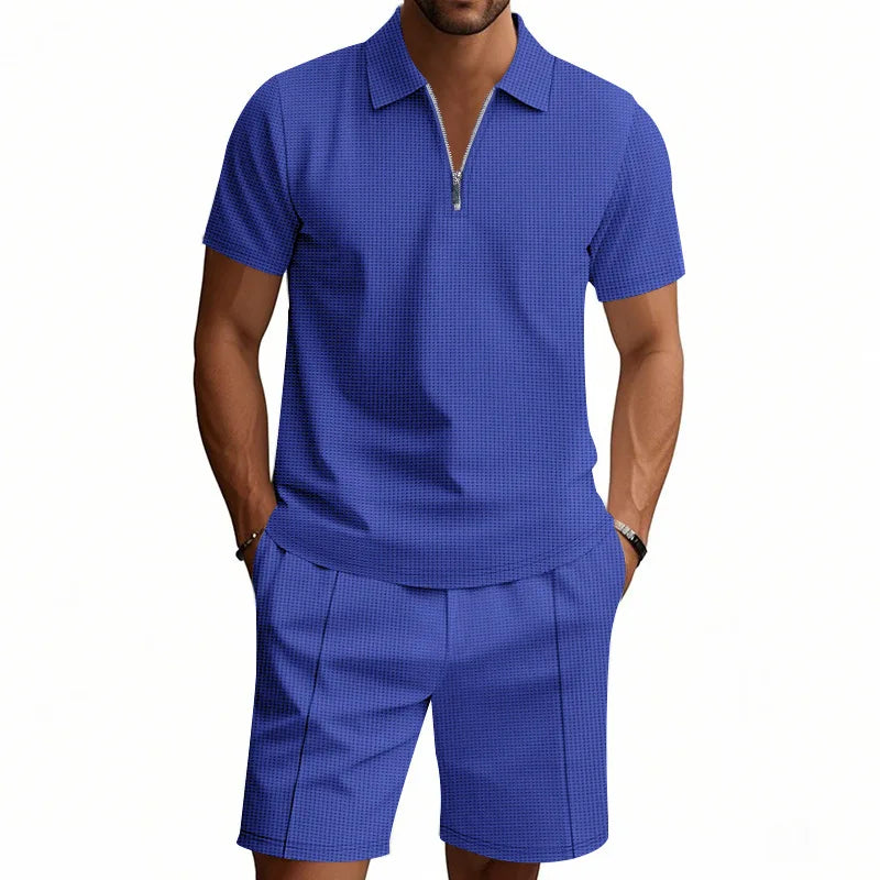 Suit Short-Sleeved Shorts Men's Summer Versatile Waffle Solid Color Casual Loose Lapels T-shirt Suit