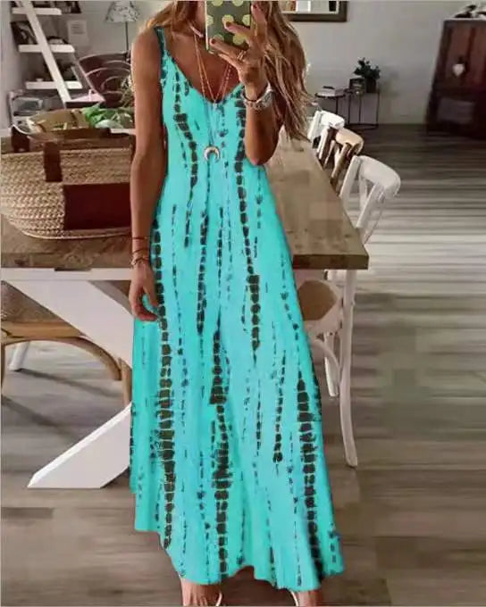 Women's Bohemian Casual Dress with Tie-Dye Print Large Flare & Slip Strap for Vacation Slip-On Style