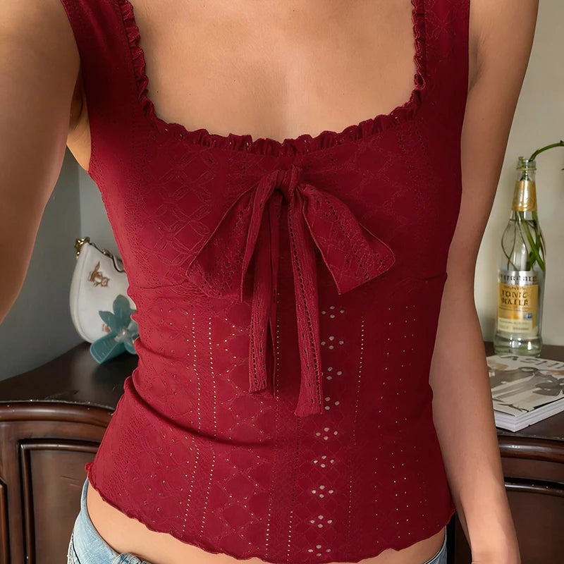 Z-2941 Women's Burgundy Square Neck Tie Front Lace Knit Top Sleeveless Slim Fit Breathable Elegant Summer Fashion Vest 2026 New