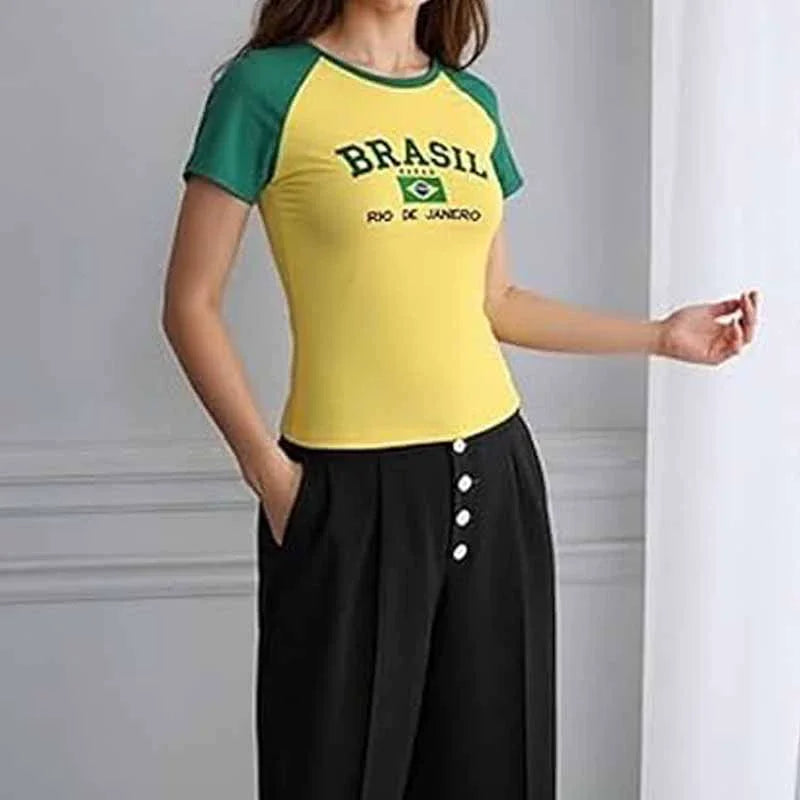 2026 Summer Women's Short Sleeved T-shirt Sexy Slimming Top Brazilian Flag Letter Embroidered Casual Sexy