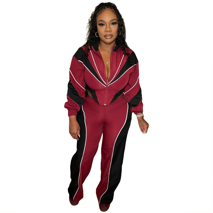 Women Color Block Patchwork Zipper Top and Pants Street Breeze Windbreaker Track Set Two-Piece Set