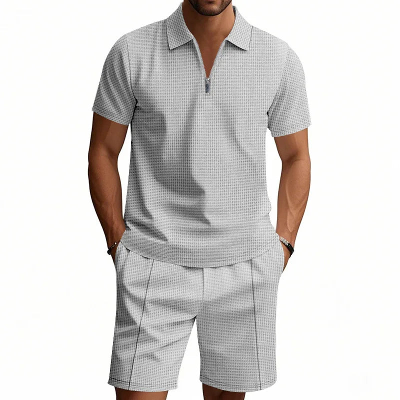 Suit Short-Sleeved Shorts Men's Summer Versatile Waffle Solid Color Casual Loose Lapels T-shirt Suit