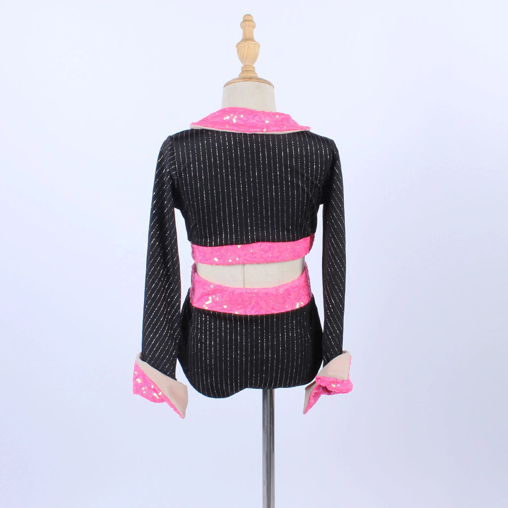 Black Stripe Two Piece Dance Leotard Hot pink Sequin Lapel Dance Wear Stage Performance Jazz Belly Dance Costume