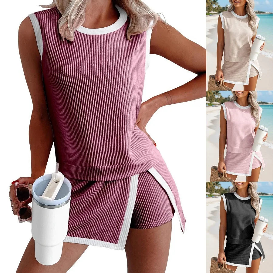 BR6314 Women's Clothing New Summer Fashion Casual Set Striped Sleeveless T-shirt Three-quarter