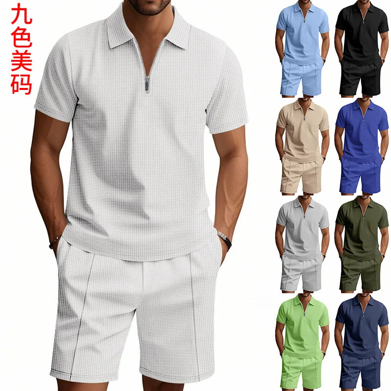 Suit Short-Sleeved Shorts Men's Summer Versatile Waffle Solid Color Casual Loose Lapels T-shirt Suit