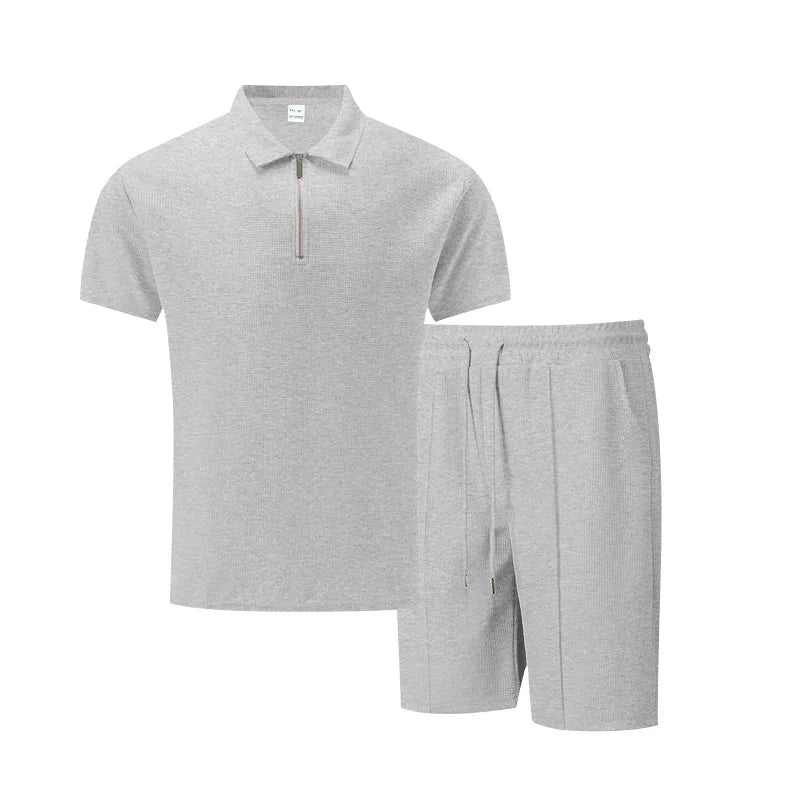 Summer Cross-Border Men's New Waffle-Weave Rhinestone Zipper Solid Color Lapel Short-Sleeve T-Shirt Shorts Casual Set 100%