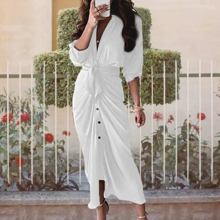 Wholesale Women Shirt Dress Waist Tie up Pleated Design Button Front Daily Office Casual Dresses  Ready to Ship MOQ 1 Supplier
