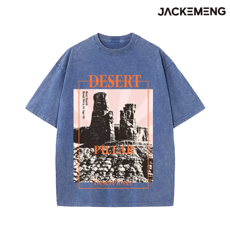Washed Oversized Cotton Tee Vintage "Desert Pillar" Quote Print Retro Streetwear Casual Tshirt USA Warehouse Wholesale