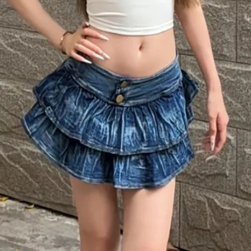 6689# Shibuya Gyaru New Sexy & Cute Pleated Summer Cake-Style Denim Mini Skirt Girls Cleverly Revealing