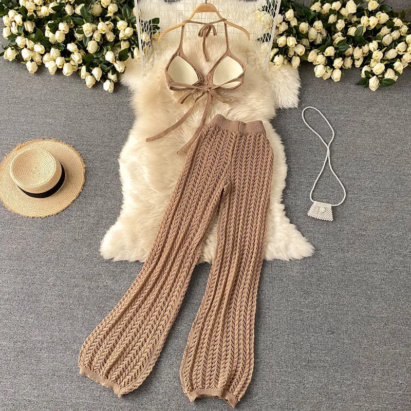SINGREINY Women Summer Design Knitted Set Sexy Backless Halter Short Tops+Chic Hollow Knitted Wide Leg Long Pants Two Piece Suit