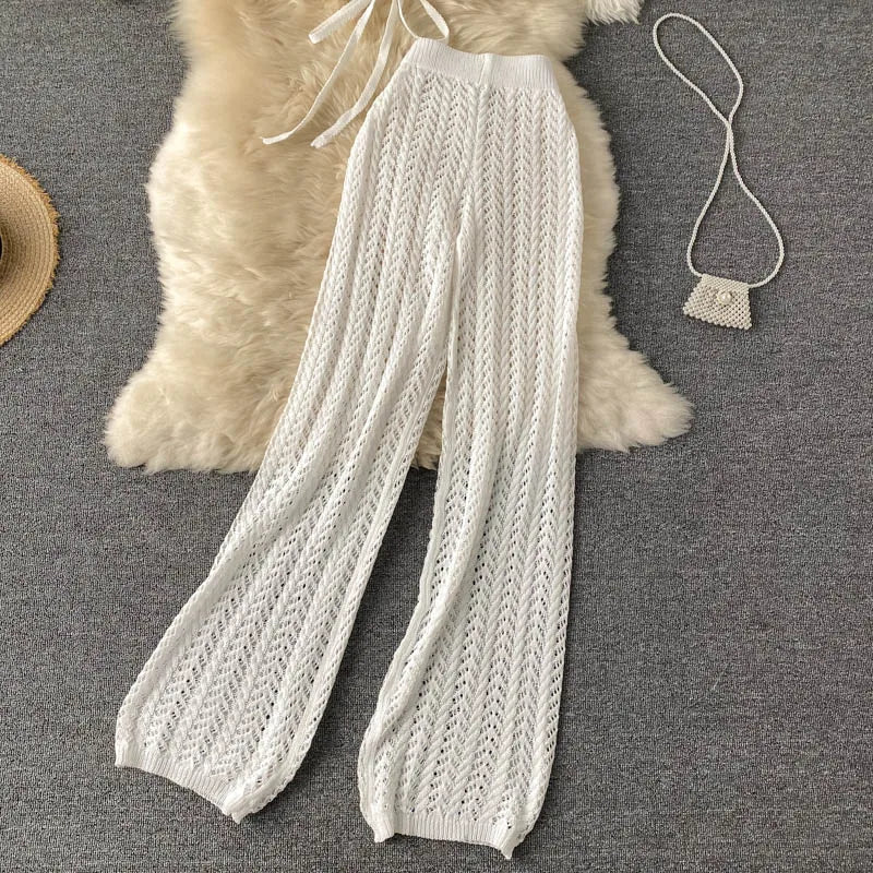 SINGREINY Women Summer Design Knitted Set Sexy Backless Halter Short Tops+Chic Hollow Knitted Wide Leg Long Pants Two Piece Suit
