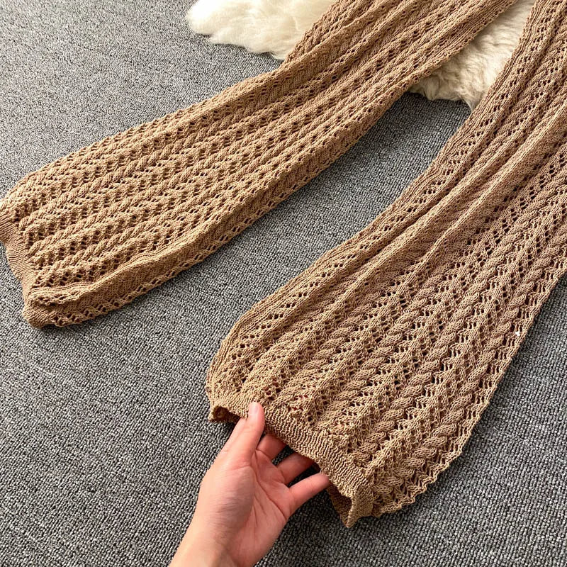 SINGREINY Women Summer Design Knitted Set Sexy Backless Halter Short Tops+Chic Hollow Knitted Wide Leg Long Pants Two Piece Suit