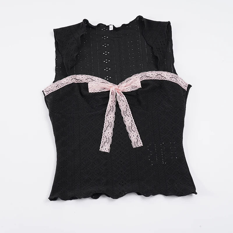 Summer New Y2K Streetwear Sexy Lace Textured Bow Ruffle Slim Fit Crop Cami Top Women Wholesale