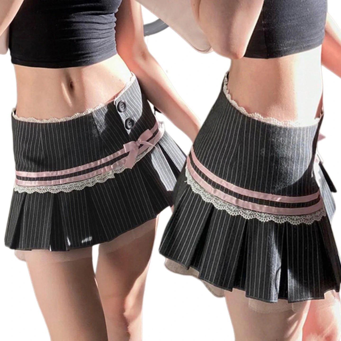 Sweet Low Rise Pleated Skirt Attached Shorts | Girly Style Featuring Lace Bow Striped Color Block | Mini Skirt Spring