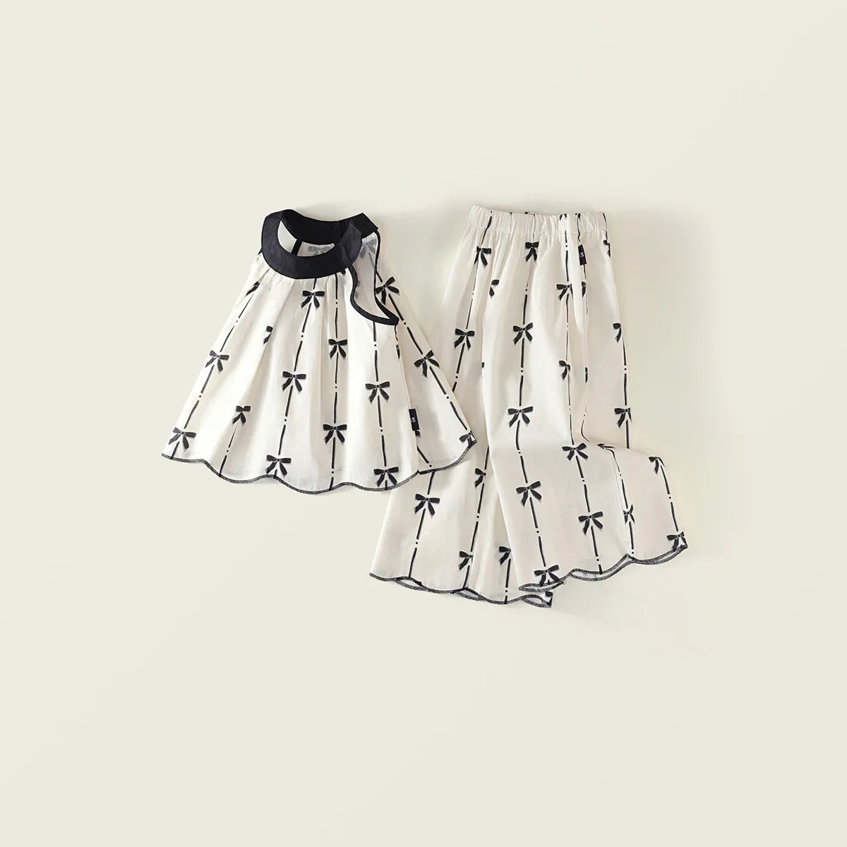 2026 LY New Girls' Stylish Cotton Bow Print Summer New Halter Neck Top and Wide-Leg Pants Two-Piece Set
