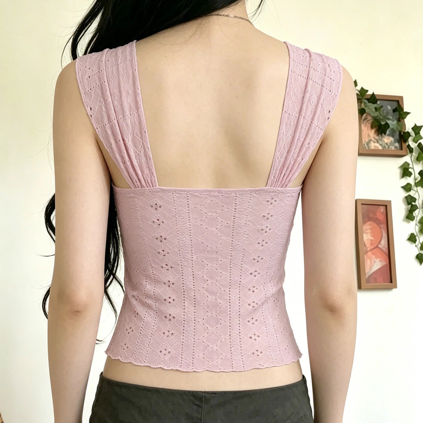 Breathable Eco-Friendly Spandex/Polyester Knitted Textured Lace Bow Slim Fit Sleeveless Square Collar Casual Tank Top 180g Women