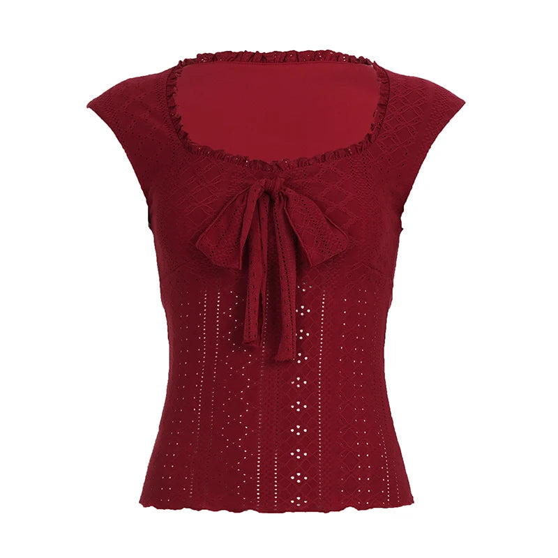 Z-2941 Women's Burgundy Square Neck Tie Front Lace Knit Top Sleeveless Slim Fit Breathable Elegant Summer Fashion Vest 2026 New
