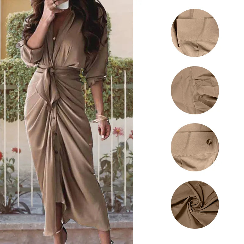 Wholesale Women Shirt Dress Waist Tie up Pleated Design Button Front Daily Office Casual Dresses  Ready to Ship MOQ 1 Supplier