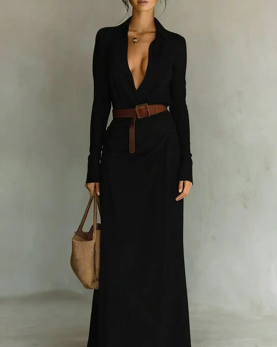 Women's Summer Dresses-Streetwear Digital Breathable Fabric Floor-Length Slim Fit Solid Color Asymmetric Pleats Includes Belt