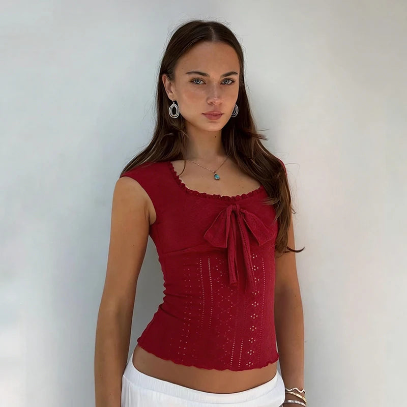 Sweetheart Square Neck Women's Solid Eco-Friendly Breathable Quick Dry Knitted Lace Bow Tie Bustier Hollow Jacquard Detail