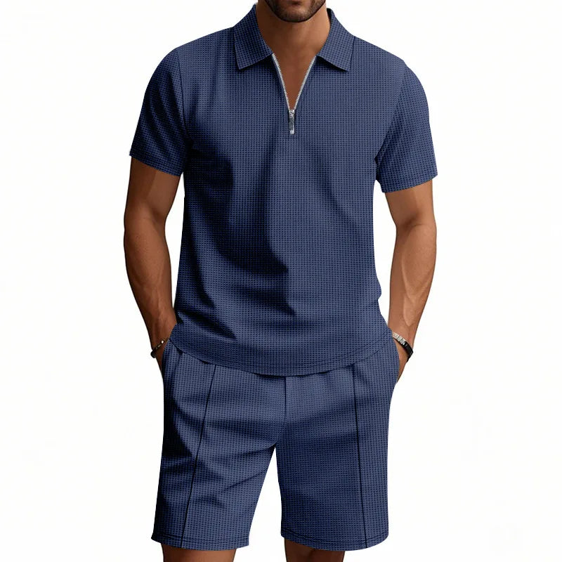 Suit Short-Sleeved Shorts Men's Summer Versatile Waffle Solid Color Casual Loose Lapels T-shirt Suit