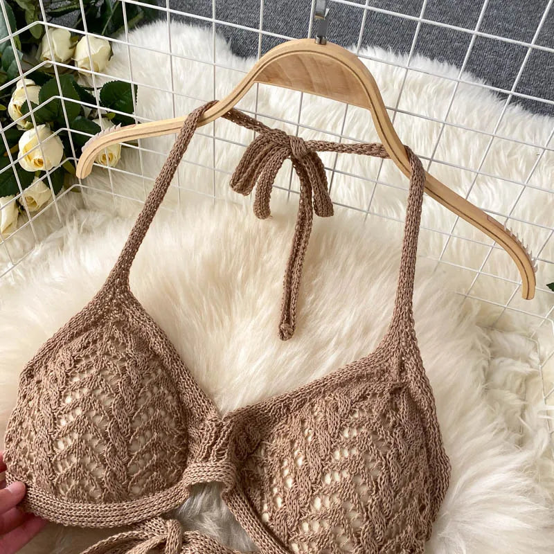 SINGREINY Women Summer Design Knitted Set Sexy Backless Halter Short Tops+Chic Hollow Knitted Wide Leg Long Pants Two Piece Suit
