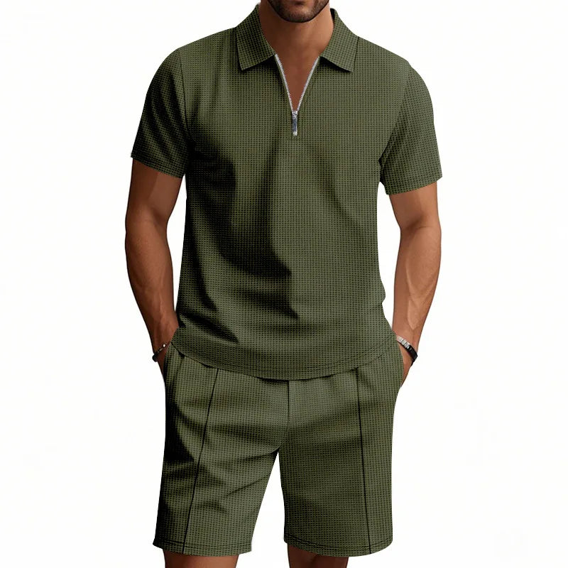 Suit Short-Sleeved Shorts Men's Summer Versatile Waffle Solid Color Casual Loose Lapels T-shirt Suit