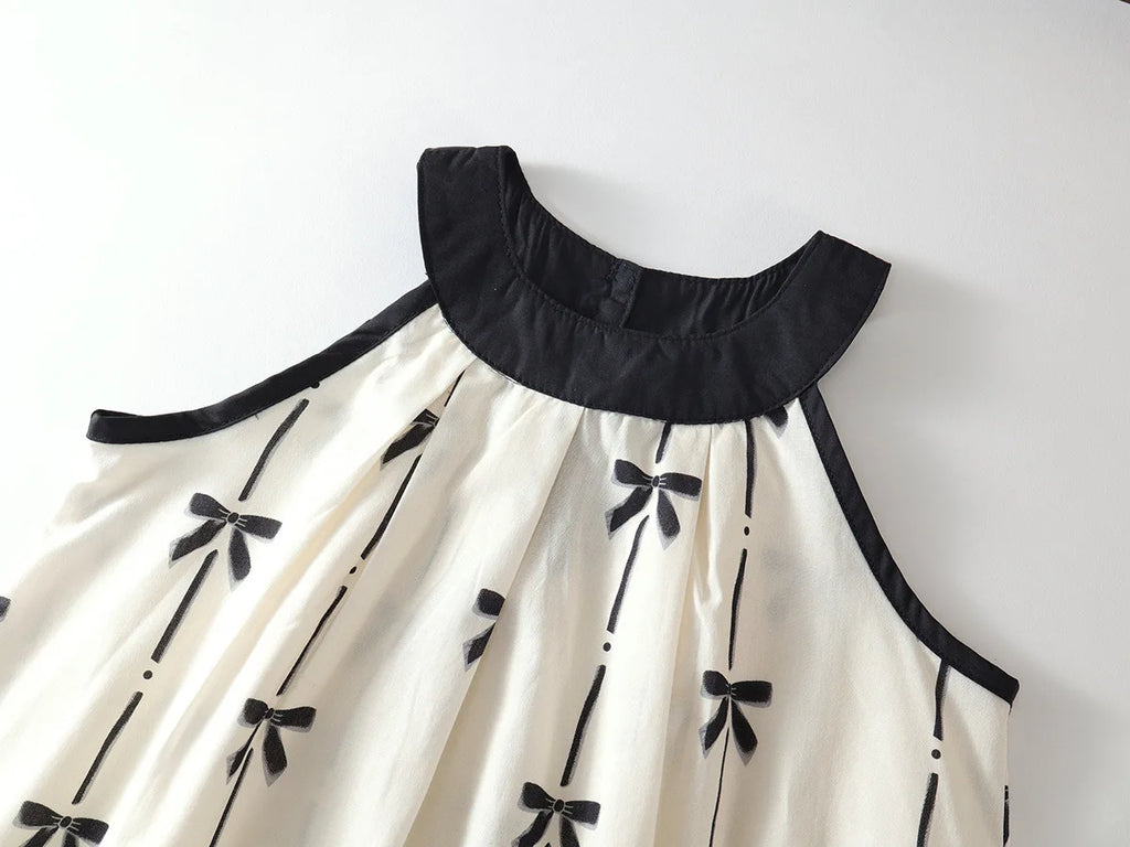 2026 LY New Girls' Stylish Cotton Bow Print Summer New Halter Neck Top and Wide-Leg Pants Two-Piece Set