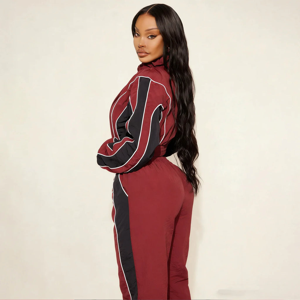 Women Color Block Patchwork Zipper Top and Pants Street Breeze Windbreaker Track Set Two-Piece Set