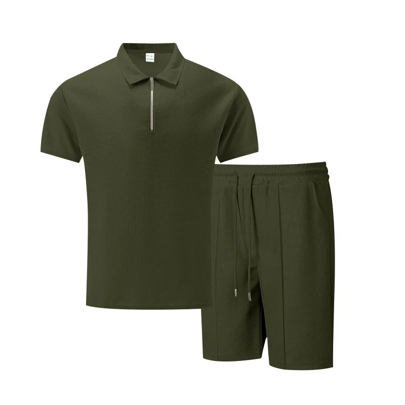 Summer Cross-Border Men's New Waffle-Weave Rhinestone Zipper Solid Color Lapel Short-Sleeve T-Shirt Shorts Casual Set 100%