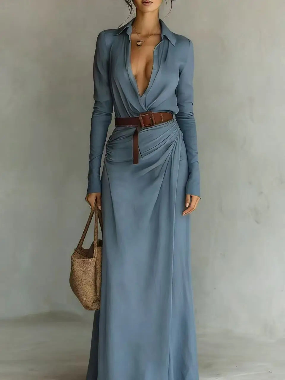 Women's Summer Dresses-Streetwear Digital Breathable Fabric Floor-Length Slim Fit Solid Color Asymmetric Pleats Includes Belt