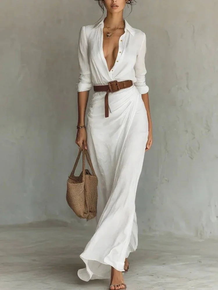 Women's Summer Dresses-Streetwear Digital Breathable Fabric Floor-Length Slim Fit Solid Color Asymmetric Pleats Includes Belt