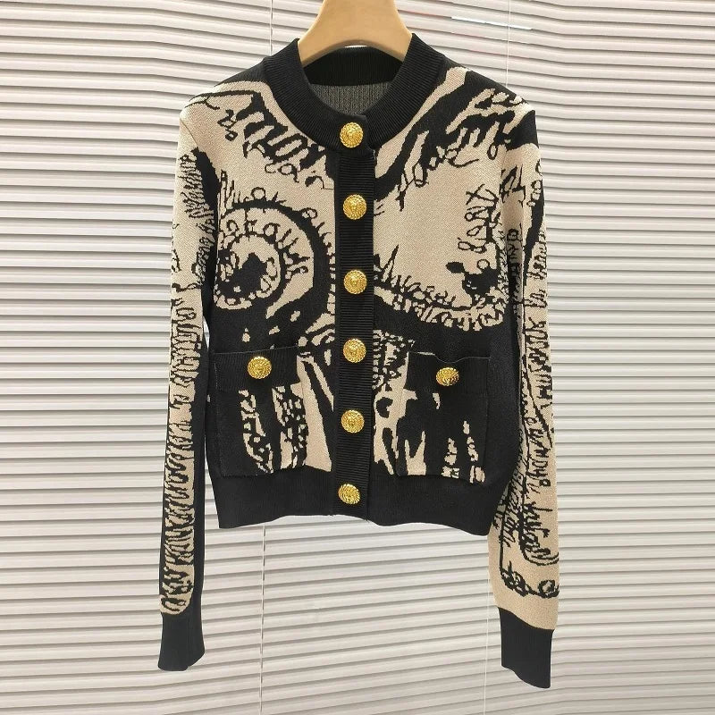 Top Quality New Cardigan Coats 2025 Autumn Winter Knitwear Women Vintage Prints Knitting Long Sleeve Cardigan Outerwear 2pcs
