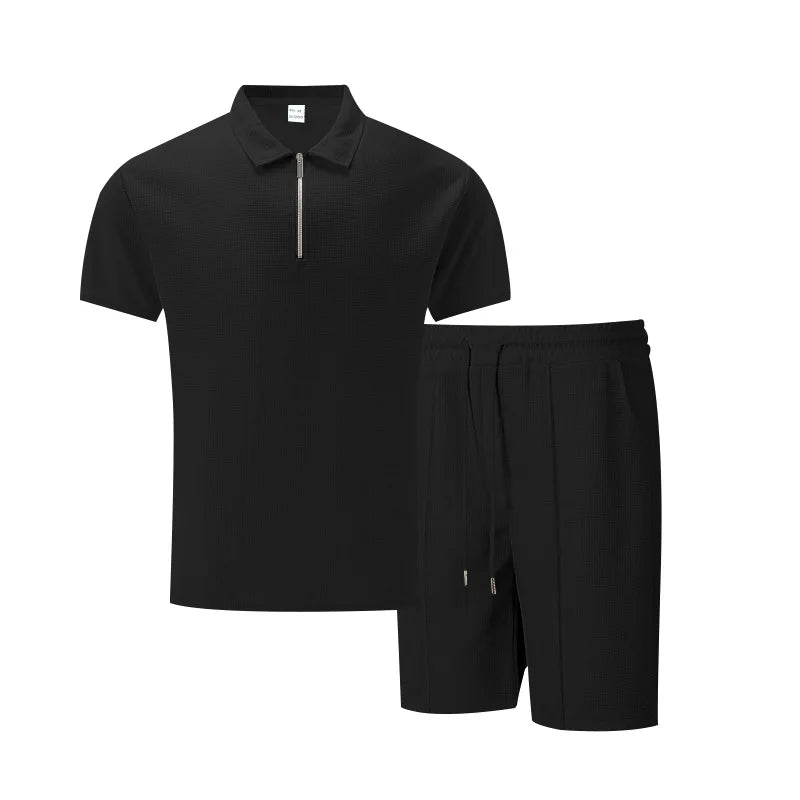 Summer Cross-Border Men's New Waffle-Weave Rhinestone Zipper Solid Color Lapel Short-Sleeve T-Shirt Shorts Casual Set 100%