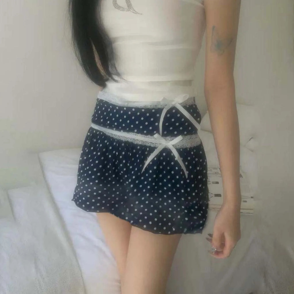 Sweet Polka Dot Women's Natural Waist A-line Mini Skirt Lace Trim Ruched Patchwork Cute Summer Washable Knitted