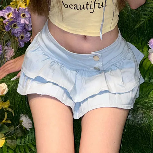 6689# Shibuya Gyaru New Sexy & Cute Pleated Summer Cake-Style Denim Mini Skirt Girls Cleverly Revealing