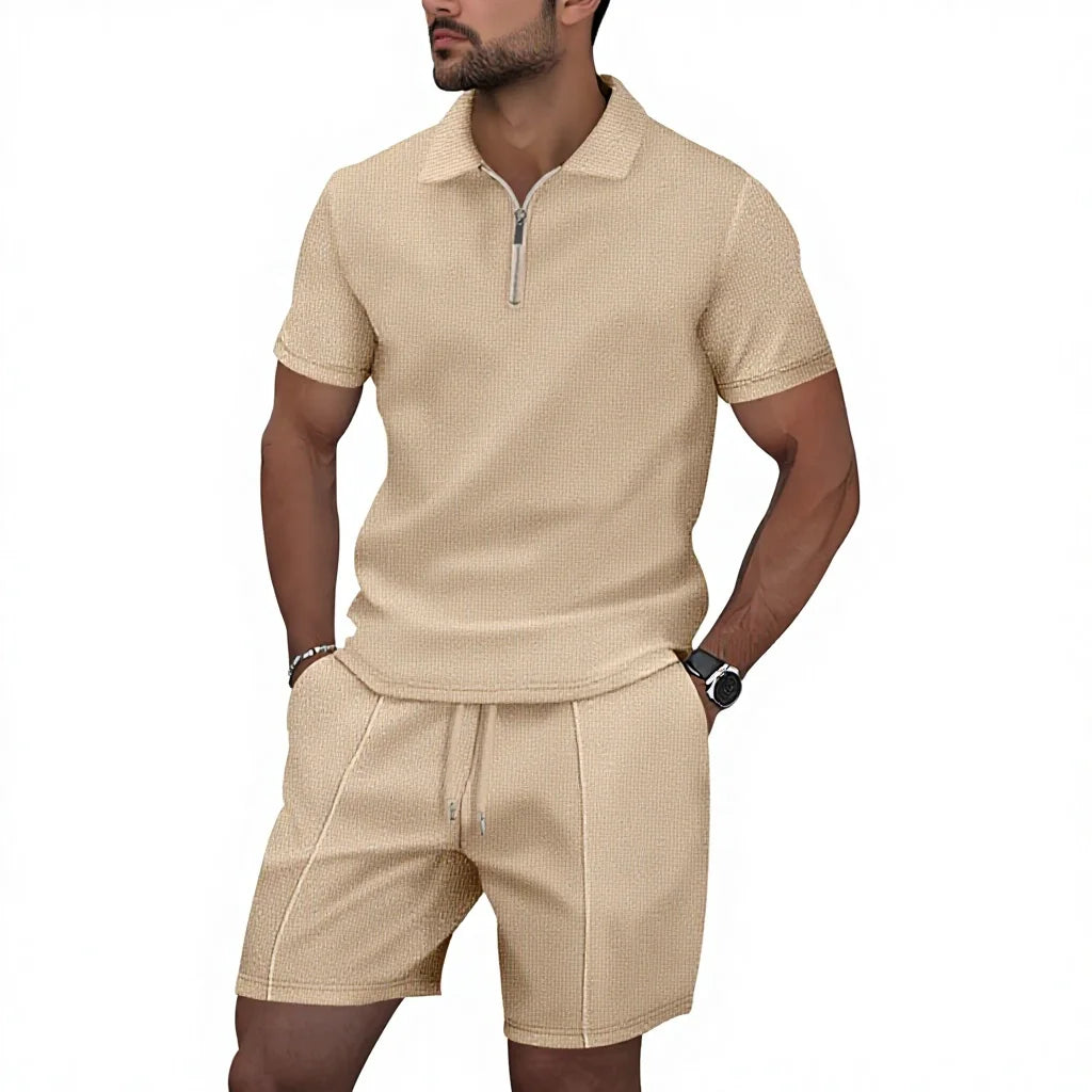 Summer Cross-Border Men's New Waffle-Weave Rhinestone Zipper Solid Color Lapel Short-Sleeve T-Shirt Shorts Casual Set 100%