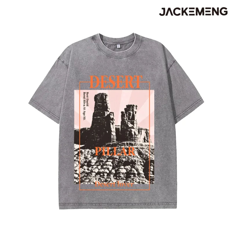 Washed Oversized Cotton Tee Vintage "Desert Pillar" Quote Print Retro Streetwear Casual Tshirt USA Warehouse Wholesale