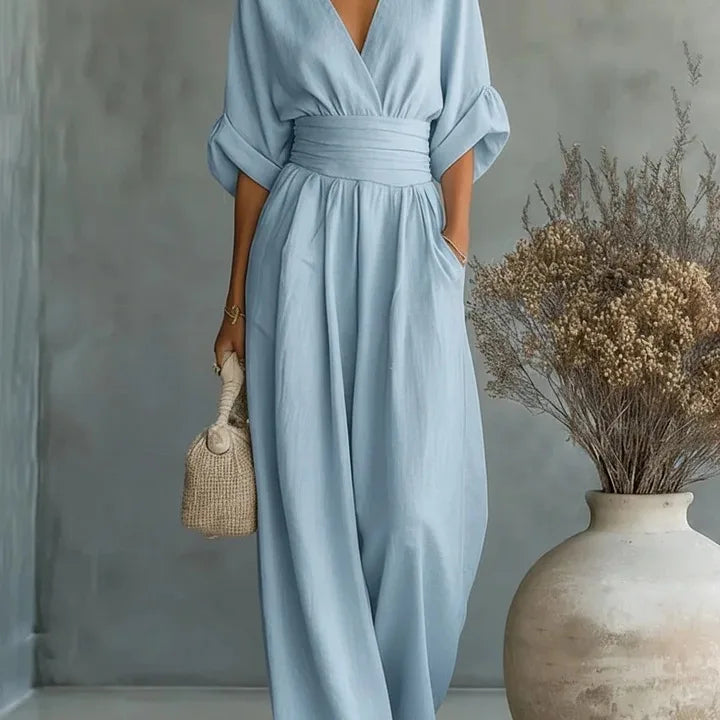 Manufacturer Wholesale Spring Summer New Elegant Pleated High Waist V-neck Breathable Women's Jumpsuit
