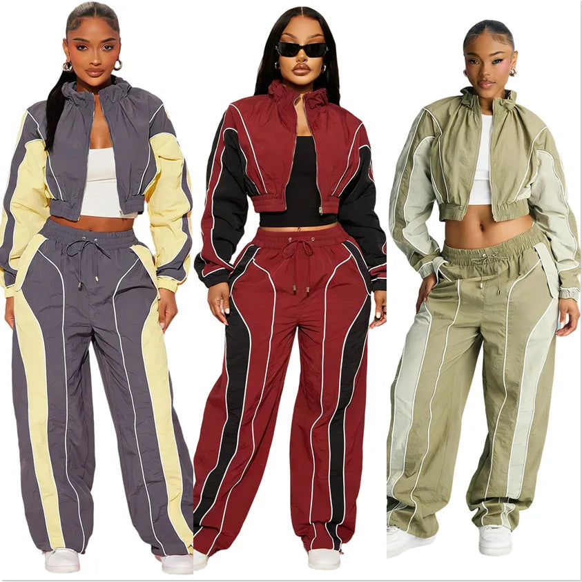 Women Color Block Patchwork Zipper Top and Pants Street Breeze Windbreaker Track Set Two-Piece Set