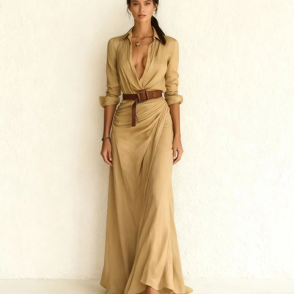 Women's Summer Dresses-Streetwear Digital Breathable Fabric Floor-Length Slim Fit Solid Color Asymmetric Pleats Includes Belt