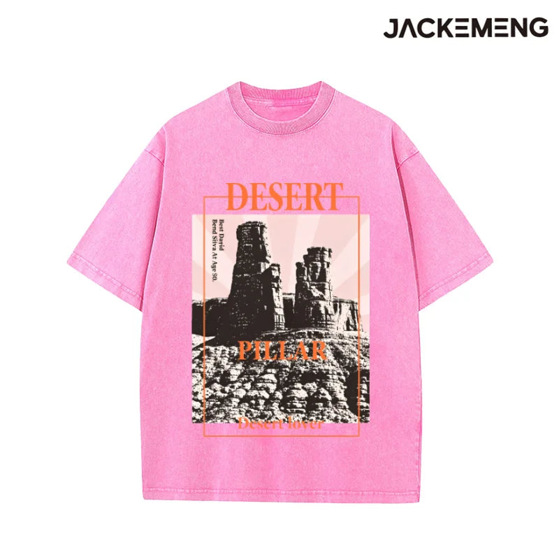 Washed Oversized Cotton Tee Vintage "Desert Pillar" Quote Print Retro Streetwear Casual Tshirt USA Warehouse Wholesale