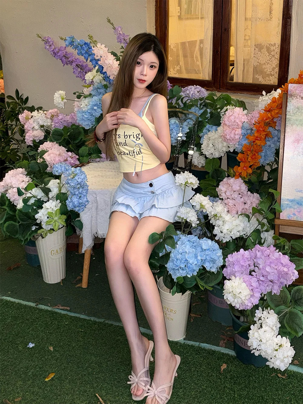 6689# Shibuya Gyaru New Sexy & Cute Pleated Summer Cake-Style Denim Mini Skirt Girls Cleverly Revealing