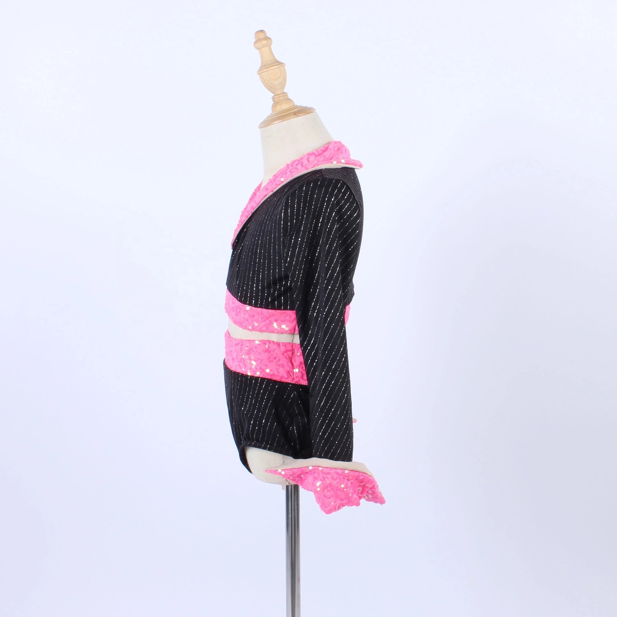 Black Stripe Two Piece Dance Leotard Hot pink Sequin Lapel Dance Wear Stage Performance Jazz Belly Dance Costume