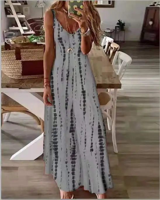 Women's Bohemian Casual Dress with Tie-Dye Print Large Flare & Slip Strap for Vacation Slip-On Style