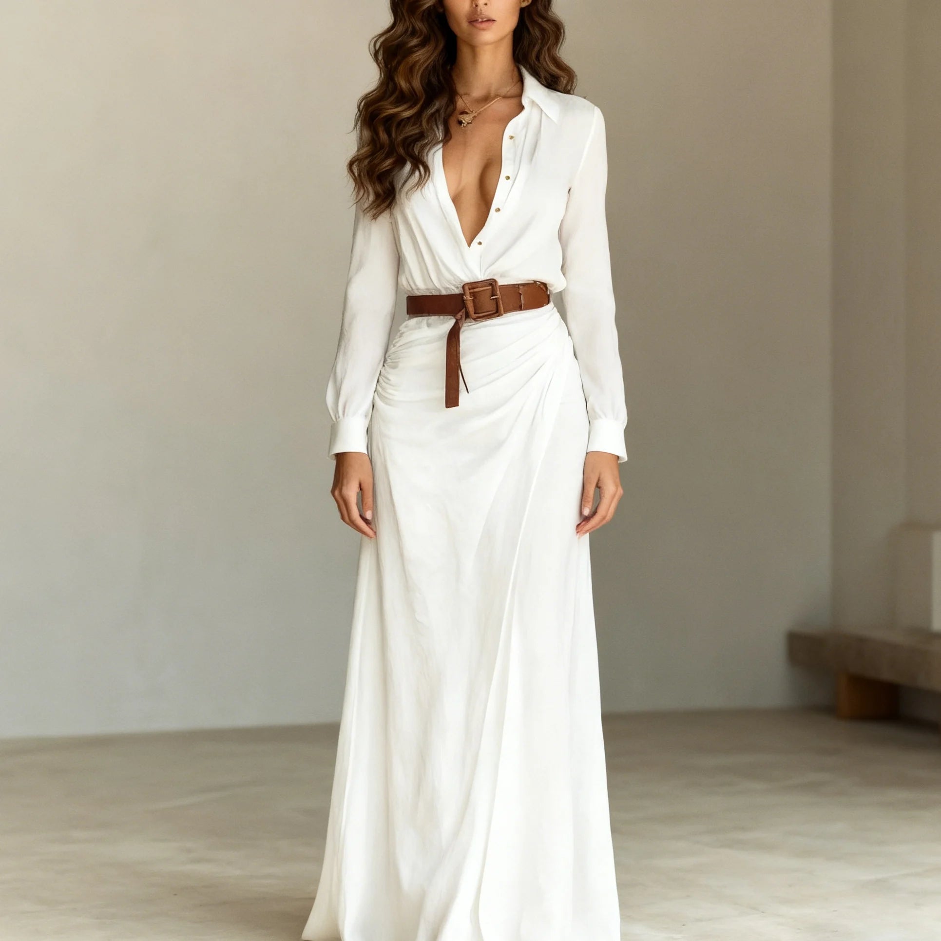 Women's Summer Dresses-Streetwear Digital Breathable Fabric Floor-Length Slim Fit Solid Color Asymmetric Pleats Includes Belt