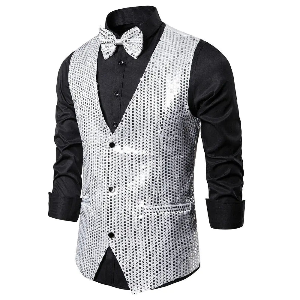Men's Sequin Glitter V-Neck Blazer Vest