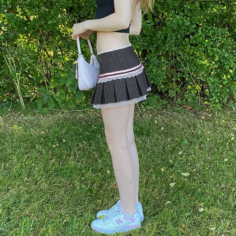Sweet Low Rise Pleated Skirt Attached Shorts | Girly Style Featuring Lace Bow Striped Color Block | Mini Skirt Spring